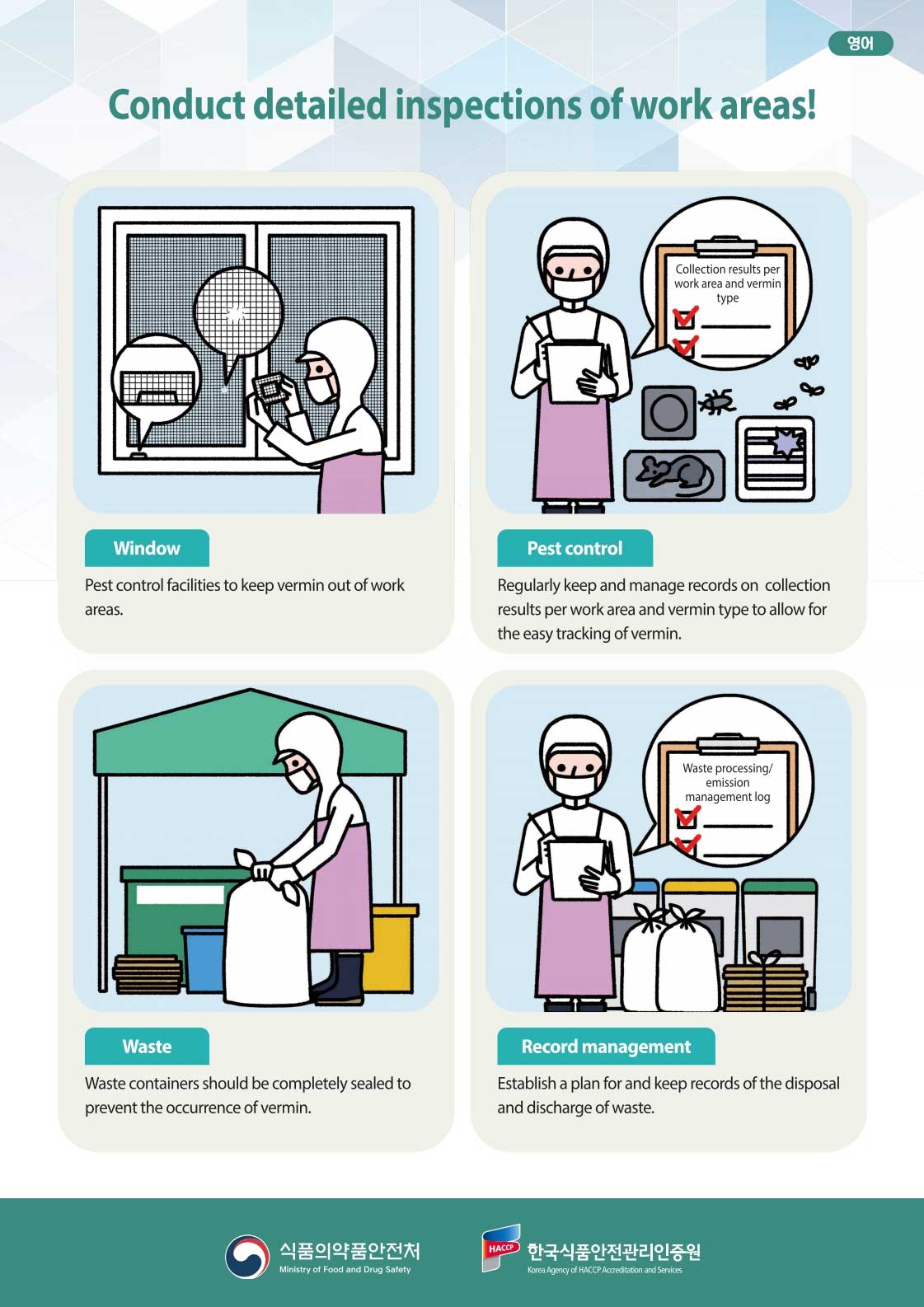 conduct detailed insepectinos of work areas