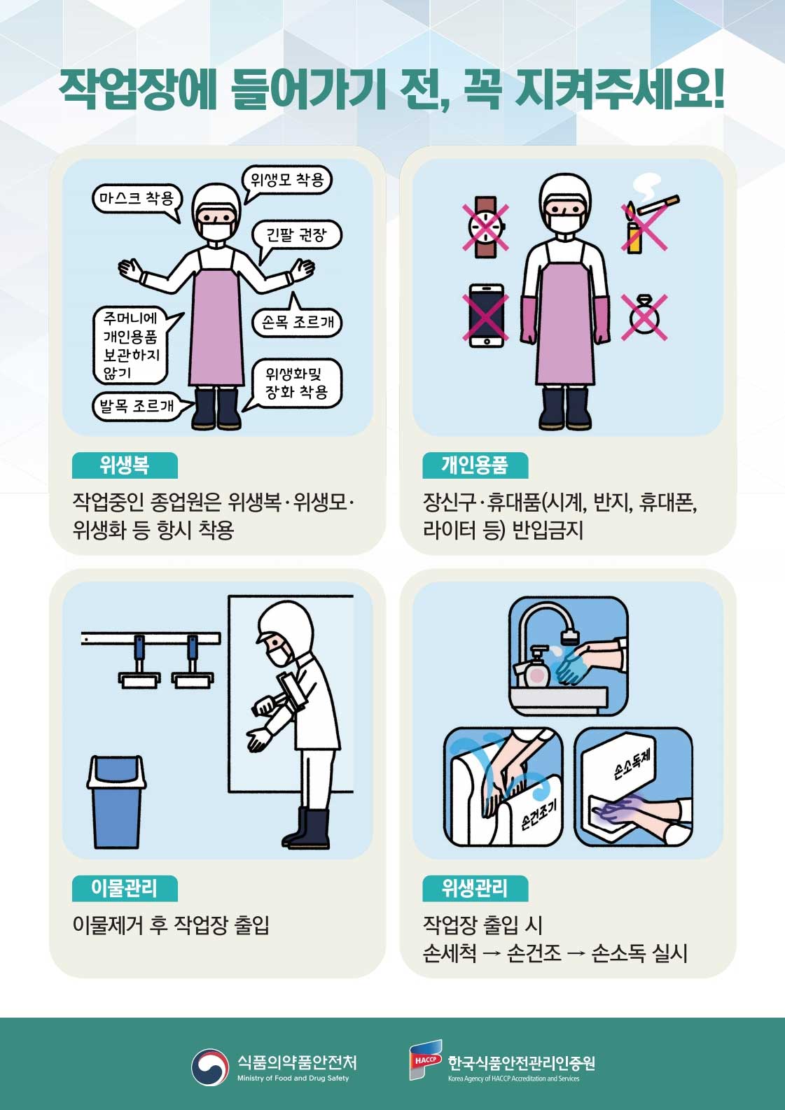 작업장에 들어가기전 꼭 지켜주세요 위생복, 개인용품, 이물관리, 위생관리